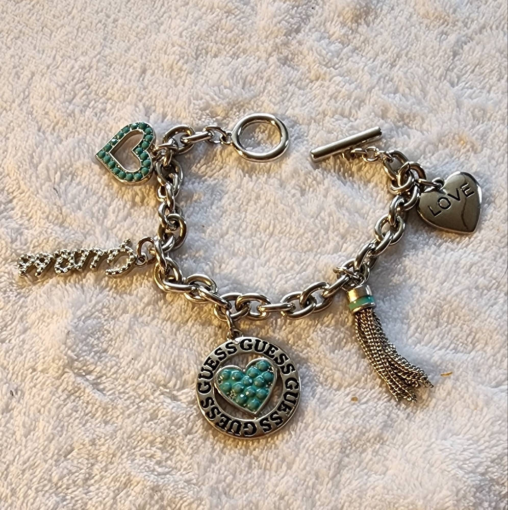 GUESS Silver-Tone Turquoise Heart & Charm Toggle Bracelet - Picture 2 of 11